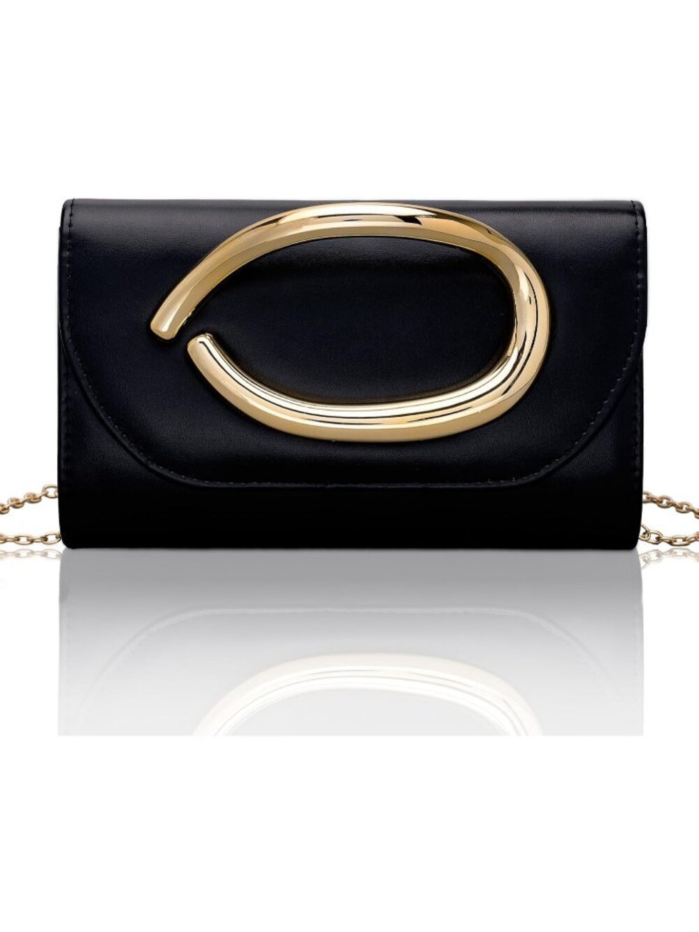 Women's Black Leather Clutch Purse For Gold Handle Evening Wedding Party Bag - Picture 1 of 7